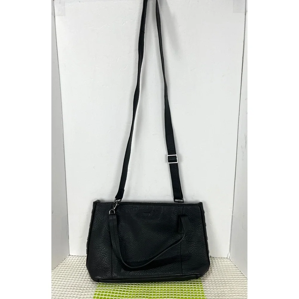 Hammitt Black Pebbled Leather Satchel Crossbody Bag‎ Gunmetal Rivets EUC